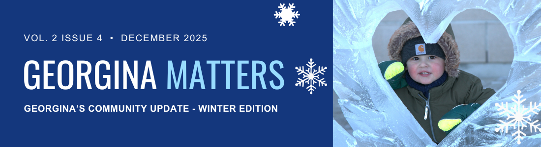 "child behind an ice sculpture with text Georgina Matters, Georgina's Community Update Winter Edition Vol. 2 Issue 4 December 2025"