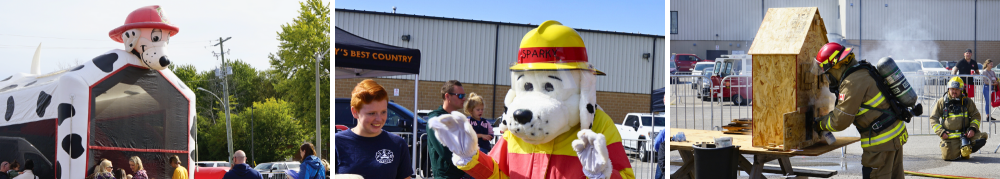 3 images, left - jumping castle in the shape of sparky the fire dog, middle - sparky mascot right-  Firefighter in equipment in front of a wooden house on fire