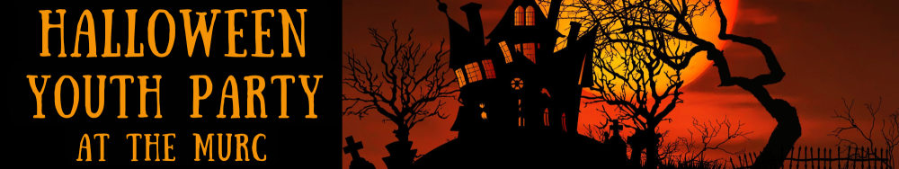 Scary house and tree with words Halloween Youth Party