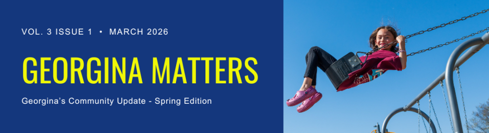 Banner for Georgina Matters, Spring 2026 community update, featuring a child swinging at a playground under a blue sky.