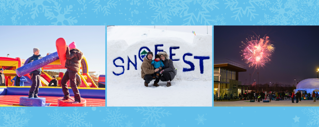 three photos of SnoFest, kids playing, family posing in the snow and fireworks