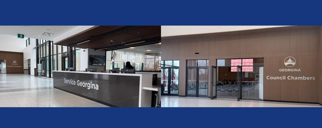 Two photos, side by side, Service Georgina counter and outside view of new Council Chambers