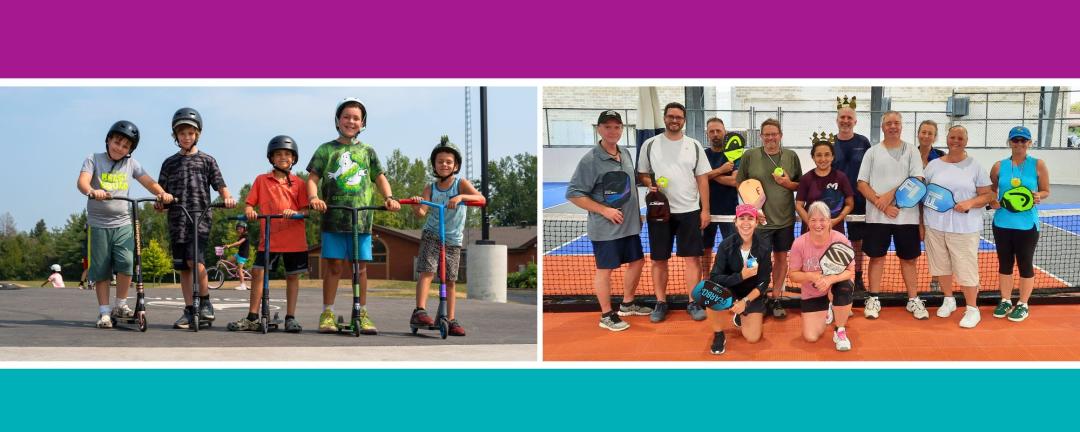 two photos, side by side, kids on scooters and pickleball players